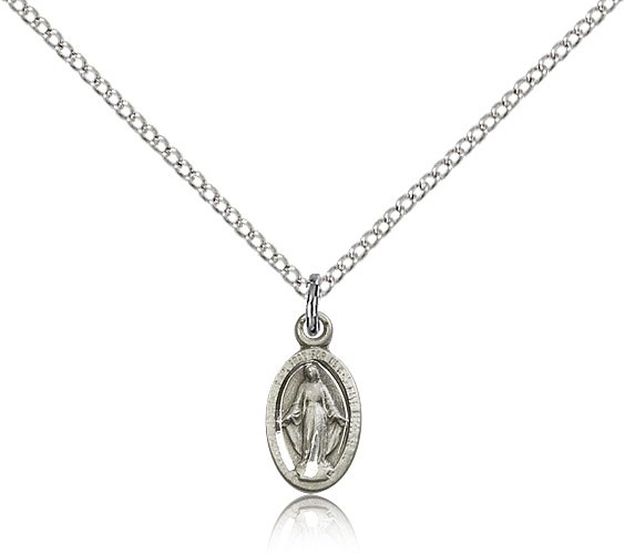 Miraculous Medal, Sterling Silver - 18&quot; 1.2mm Sterling Silver Chain + Clasp