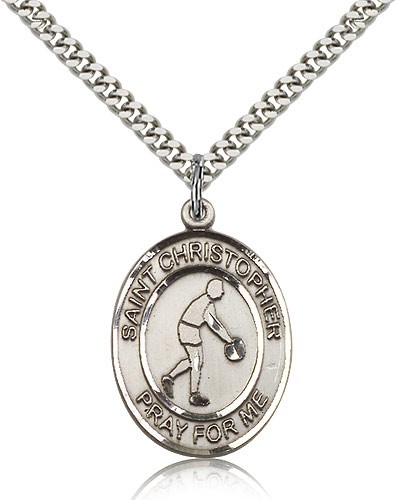 St. Christopher Basketball Medal, Sterling Silver, Large - 24&quot; 2.4mm Rhodium Plate Chain + Clasp