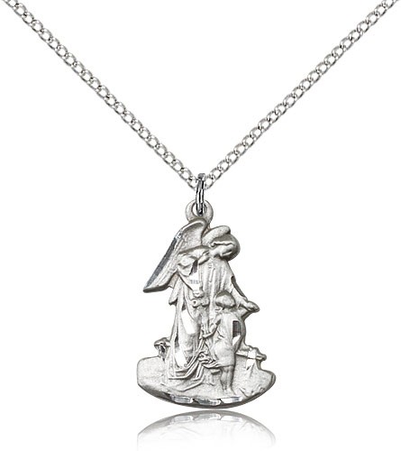 Guardian Angel Medal, Sterling Silver - 18&quot; 1.2mm Sterling Silver Chain + Clasp