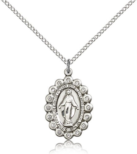 Miraculous Medal, Sterling Silver - 18&quot; 1.2mm Sterling Silver Chain + Clasp