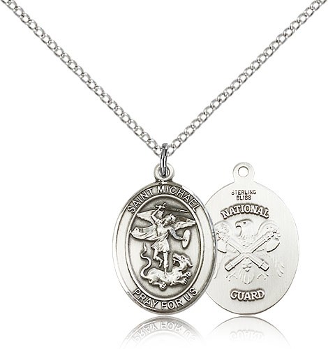 St. Michael National Guard Medal, Sterling Silver, Medium - 18&quot; 1.2mm Sterling Silver Chain + Clasp