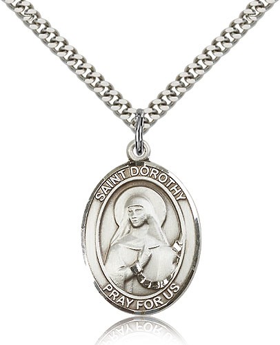 St. Dorothy Medal, Sterling Silver, Large - 24&quot; 2.4mm Rhodium Plate Chain + Clasp
