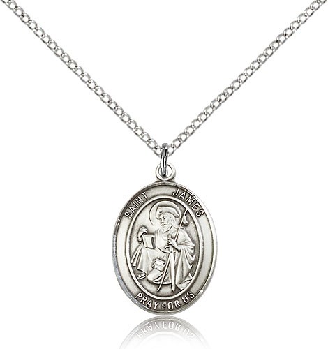 St. James the Greater Medal, Sterling Silver, Medium - 18&quot; 1.2mm Sterling Silver Chain + Clasp