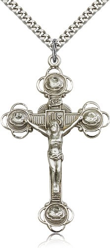 Crucifix Pendant, Sterling Silver - 24&quot; 2.4mm Rhodium Plate Endless Chain