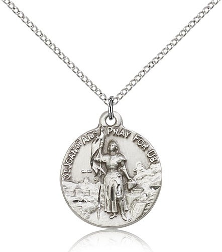 St. Joan of Arc Medal, Sterling Silver - 18&quot; 1.2mm Sterling Silver Chain + Clasp