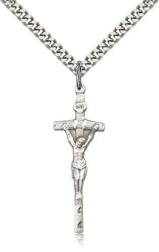 Papal Crucifix Pendant, Sterling Silver - 24&quot; 2.4mm Rhodium Plate Endless Chain