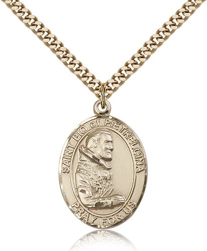 St. Pio of Pietrelcina Medal, Gold Filled, Large - 24&quot; 2.4mm Gold Plated Chain + Clasp