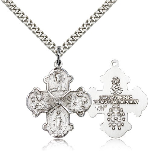 4 Way Cross Pendant, Sterling Silver - 24&quot; 2.4mm Rhodium Plate Endless Chain