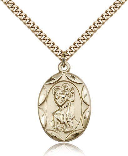 Men's Oval 14kt Gold Filled St. Christopher Medal - 24&quot; 2.4mm Gold Plated Endless Chain