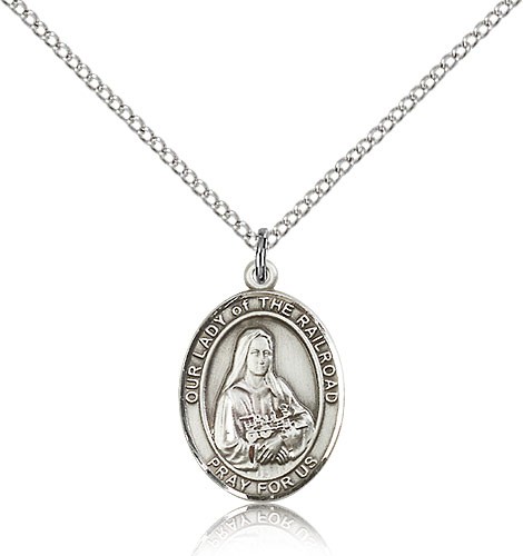 Our Lady of the Railroad Medal, Sterling Silver, Medium - 18&quot; 1.2mm Sterling Silver Chain + Clasp