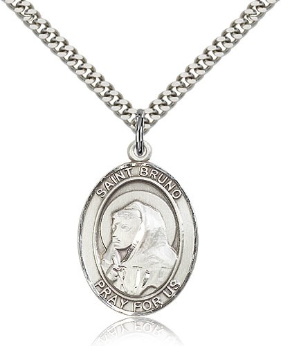 St. Bruno Medal, Sterling Silver, Large - 24&quot; 2.4mm Rhodium Plate Chain + Clasp