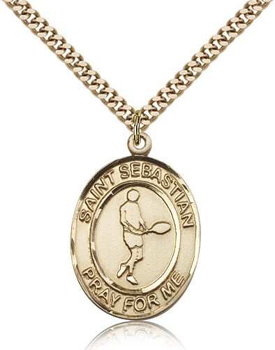 St. Sebastian Tennis Medal, Gold Filled, Large - 24&quot; 2.4mm Gold Plated Chain + Clasp