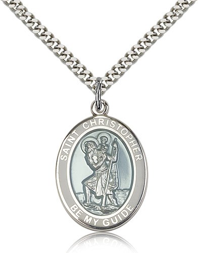 St. Christopher Medal with White Border, Sterling Silver, Large - 24&quot; 2.4mm Rhodium Plate Chain + Clasp