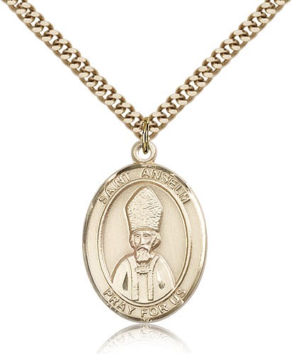 St. Anselm of Canterbury Medal, Gold Filled, Large - 24&quot; 2.4mm Gold Plated Chain + Clasp