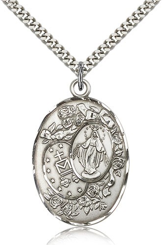 Miraculous Medal, Sterling Silver - 24&quot; 2.4mm Rhodium Plate Endless Chain