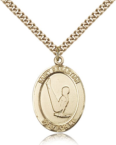 St. Sebastian Gymnastics Medal, Gold Filled, Large - 24&quot; 2.4mm Gold Plated Chain + Clasp
