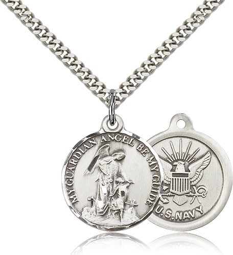 Navy Guardain Angel Medal, Sterling Silver - 24&quot; 2.4mm Rhodium Plate Endless Chain