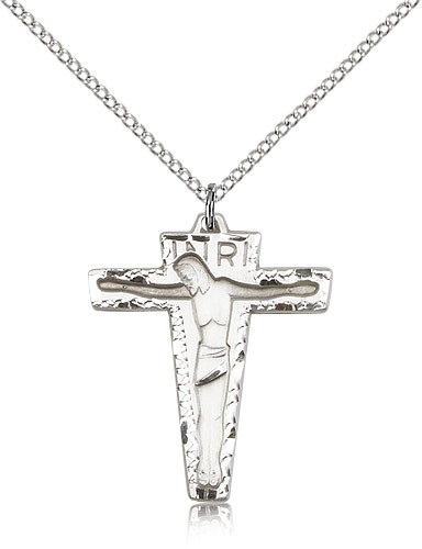 Primative Crucifix Pendant, Sterling Silver - 18&quot; 1.2mm Sterling Silver Chain + Clasp