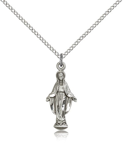 Miraculous Medal, Sterling Silver - 18&quot; 1.2mm Sterling Silver Chain + Clasp