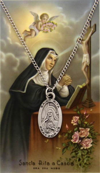 St. Rita of Cascia Medal and Prayer Card Set - Silver-tone
