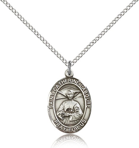 St. Catherine Laboure Medal, Sterling Silver, Medium - 18&quot; 1.2mm Sterling Silver Chain + Clasp