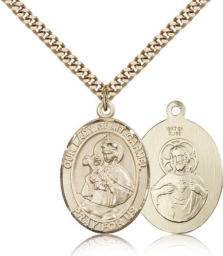Our Lady of Mount Carmel Medal, Gold Filled, Large - 24&quot; 2.4mm Gold Plated Chain + Clasp