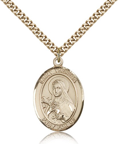 St. Theresa Medal, Gold Filled, Large - 24&quot; 2.4mm Gold Plated Chain + Clasp