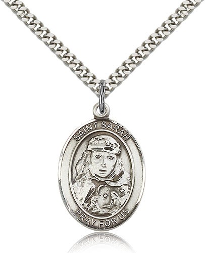 St. Sarah Medal, Sterling Silver, Large - 24&quot; 2.4mm Rhodium Plate Chain + Clasp