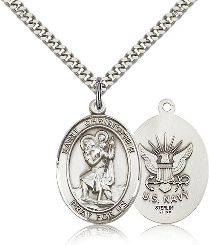 St. Christopher Navy Medal, Sterling Silver, Large - 24&quot; 2.4mm Rhodium Plate Chain + Clasp