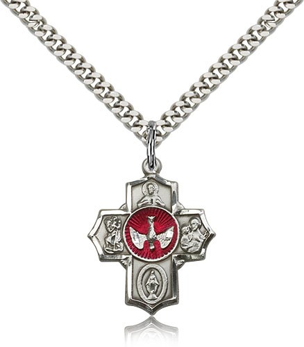 5 Way Cross Pendant, Sterling Silver - 24&quot; 2.4mm Rhodium Plate Endless Chain