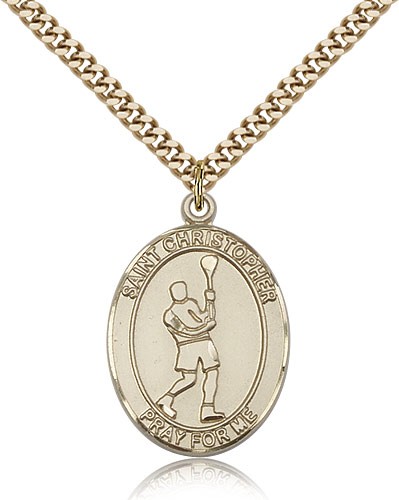 St. Christopher Lacrosse Medal, Gold Filled, Large - 24&quot; 2.4mm Gold Plated Chain + Clasp