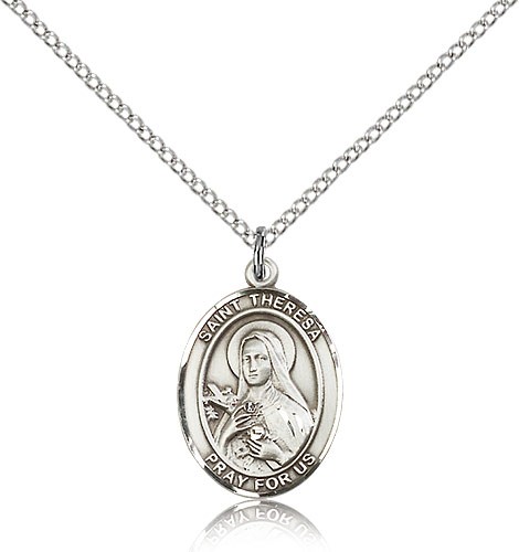 St. Theresa Medal, Sterling Silver, Medium - 18&quot; 1.2mm Sterling Silver Chain + Clasp