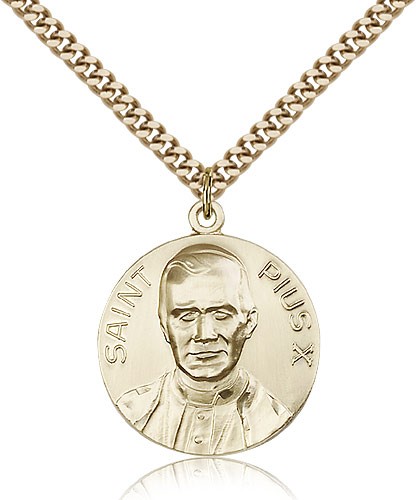 Pope Pius X Medal, Gold Filled - 24&quot; 2.4mm Gold Plated Endless Chain