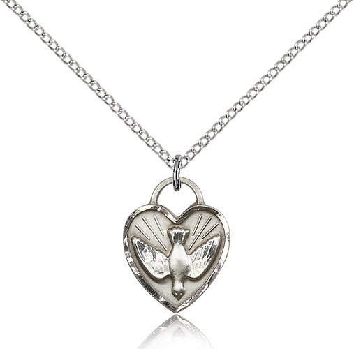 Confirmation Heart Medal, Sterling Silver - 18&quot; 1.2mm Sterling Silver Chain + Clasp