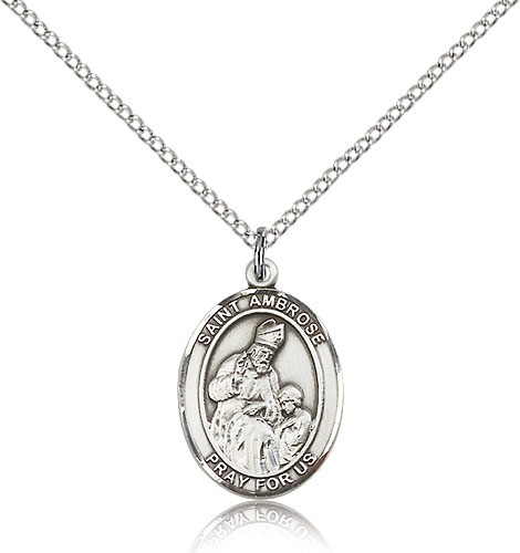 St. Ambrose Medal, Sterling Silver, Medium - 18&quot; 1.2mm Sterling Silver Chain + Clasp