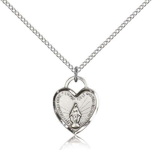 Miraculous Heart Medal, Sterling Silver - 18&quot; 1.2mm Sterling Silver Chain + Clasp