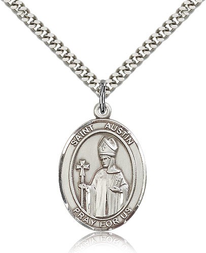 St. Austin Medal, Sterling Silver, Large - 24&quot; 2.4mm Rhodium Plate Chain + Clasp