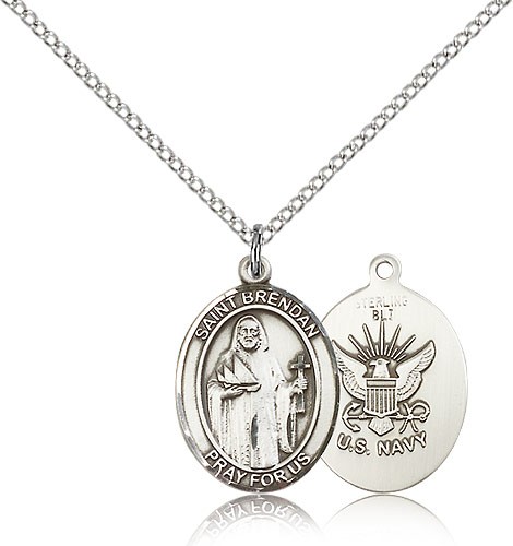 St. Brendan the Navigator/ Navy Medal, Sterling Silver, Medium - 18&quot; 1.2mm Sterling Silver Chain + Clasp