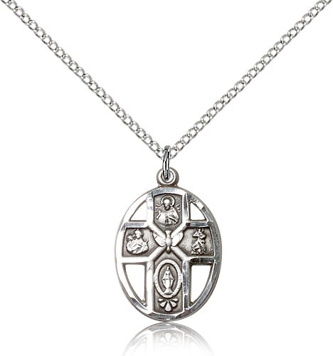 5 Way Cross Holy Spirit Medal, Sterling Silver - 18&quot; 1.2mm Sterling Silver Chain + Clasp