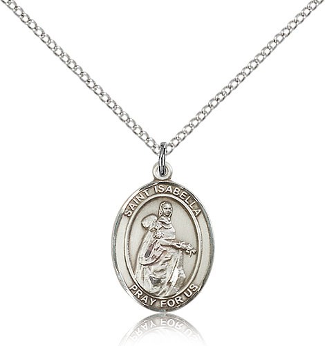 St. Isabella of Portugal Medal, Sterling Silver, Medium - 18&quot; 1.2mm Sterling Silver Chain + Clasp