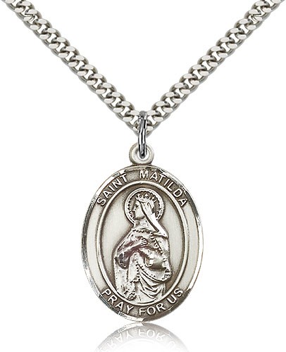 St. Matilda Medal, Sterling Silver, Large - 24&quot; 2.4mm Rhodium Plate Chain + Clasp