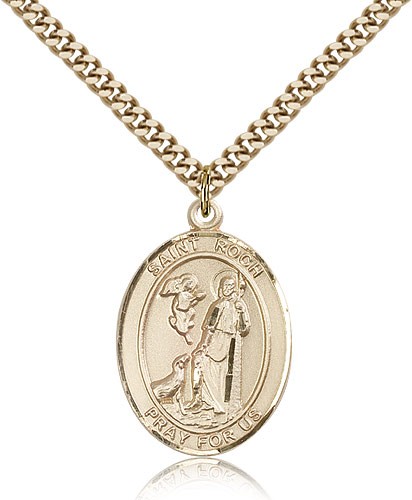 St. Roch Medal, Gold Filled, Large - 24&quot; 2.4mm Gold Plated Chain + Clasp