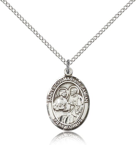 Sts. Cosmas and Damian Medal, Sterling Silver, Medium - 18&quot; 1.2mm Sterling Silver Chain + Clasp