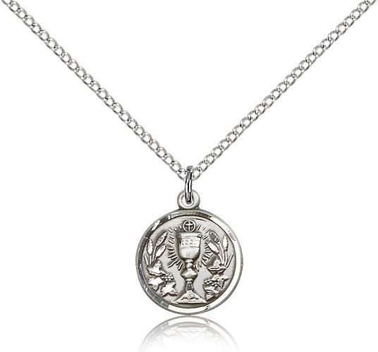 Communion Chalice Medal, Sterling Silver - 18&quot; 1.2mm Sterling Silver Chain + Clasp