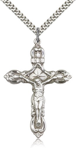 Crucifix Pendant, Sterling Silver - 24&quot; 2.4mm Rhodium Plate Endless Chain