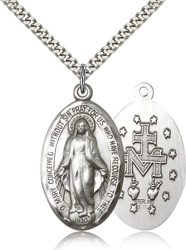 Miraculous Medal, Sterling Silver - 24&quot; 2.4mm Rhodium Plate Endless Chain