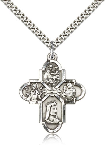 Franciscan 4 Way Cross Pendant, Sterling Silver - 24&quot; 2.4mm Rhodium Plate Endless Chain