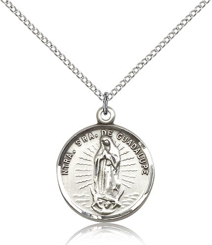 Our Lady of Guadalupe Medal, Sterling Silver - 18&quot; 1.2mm Sterling Silver Chain + Clasp