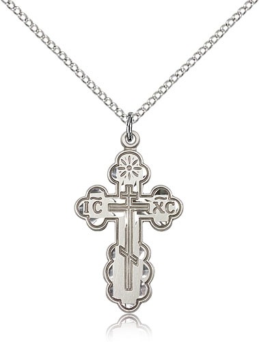 St. Olga Cross Pendant, Sterling Silver - 18&quot; 1.2mm Sterling Silver Chain + Clasp