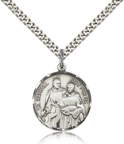 St. Raphael Medal, Sterling Silver - 24&quot; 2.4mm Rhodium Plate Endless Chain